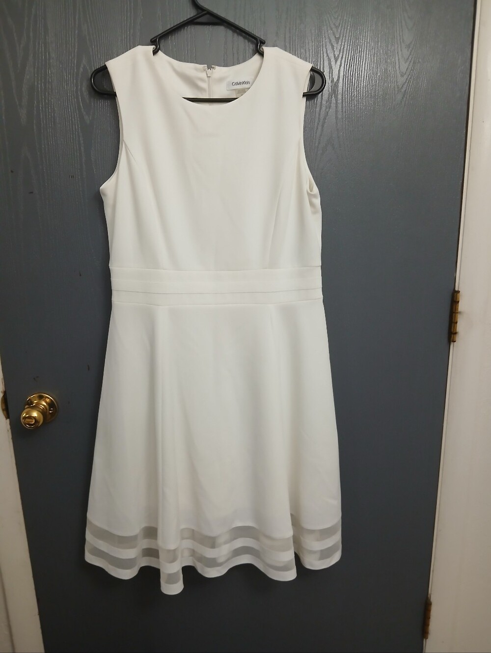 New Calvin Klein Sleeveless White Dress Size 12 Fit & Flare Sheer Stripe Hem